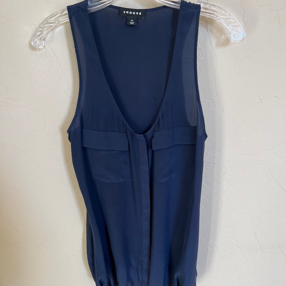 Trouve Button-Up Sleeveless Silk Blouse Navy Blue, Size XS